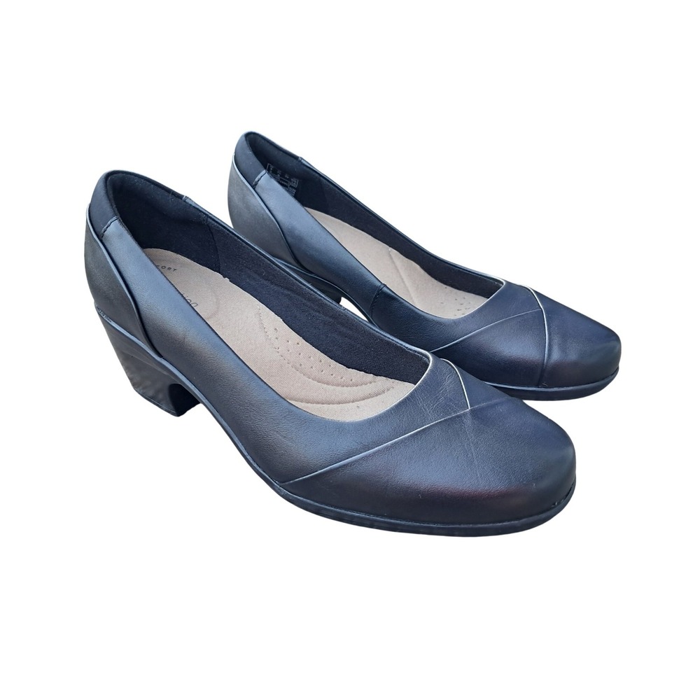 Clarks Collection Black Leather Ultimate Comfort Block Heel Pumps 7.5M 26158731